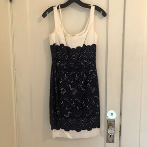 Antonio Melani white linen dress with navy lace